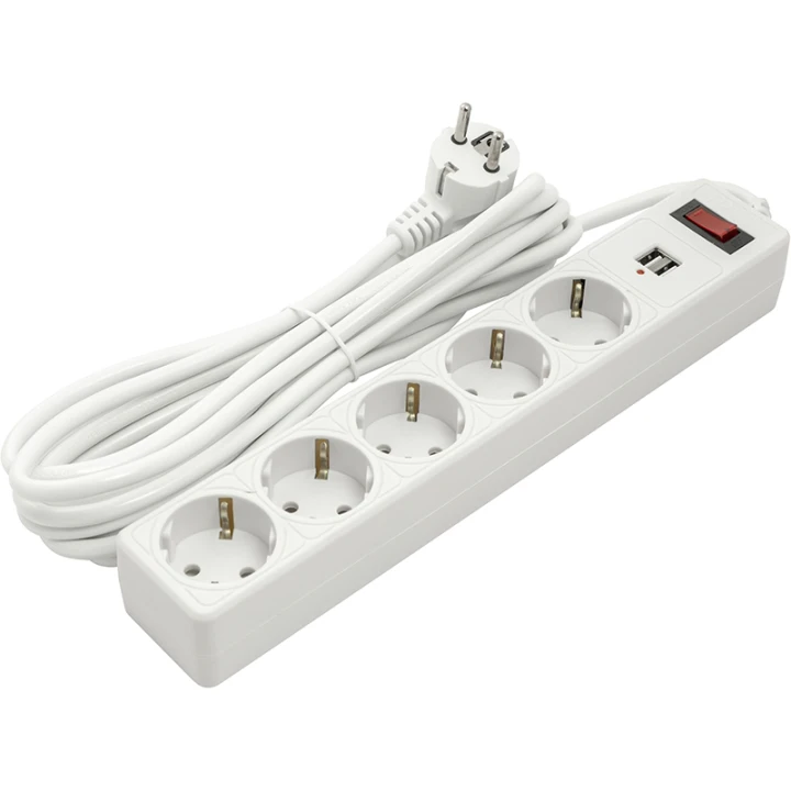 Сетевой фильтр PowerPlant 5 м, 3x1.5мм2, 10А, 5 розеток, 2xUSB 2.1A, евростандарт (JY-1056U/5)