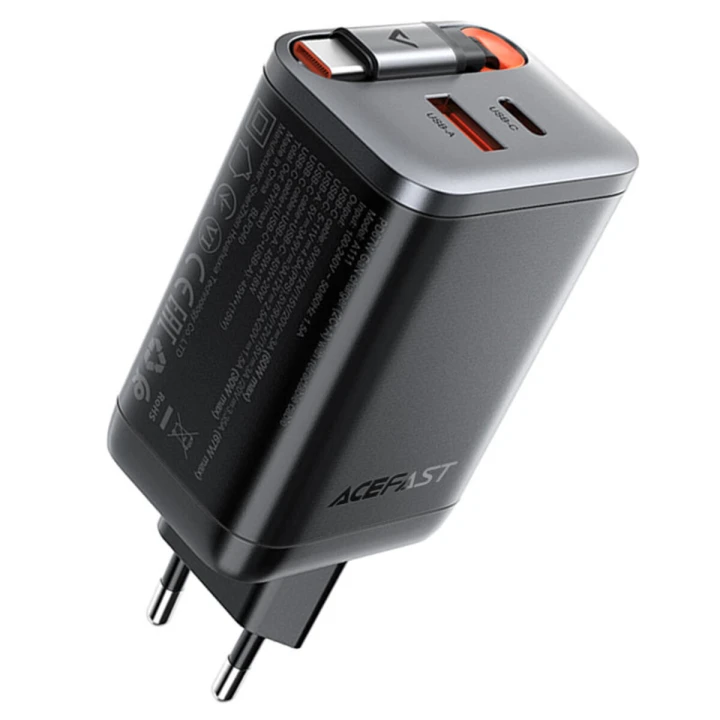Мережевий зарядний пристрій ACEFAST A111 PD67W / QC4.0 with retractable cable, Black