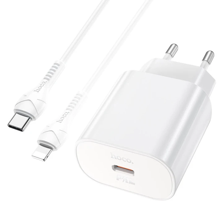Мережевий зарядний пристрій HOCO N22 PD25W / QC3.0 Cable Type-C to Lightning, White