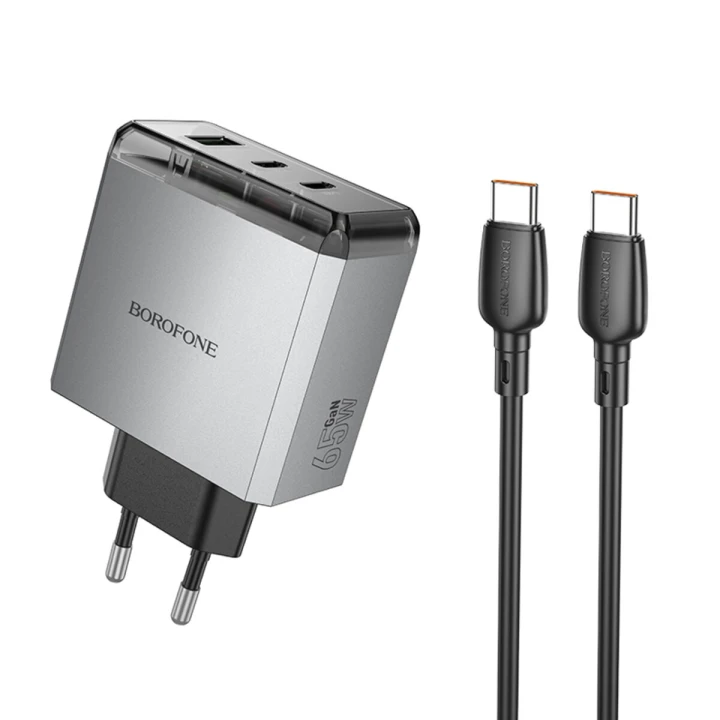 Сетевое зарядное устройство BOROFONE BN22 Lena PD65W / QC4.0 cable Type-C to Type-C. Metal Gray