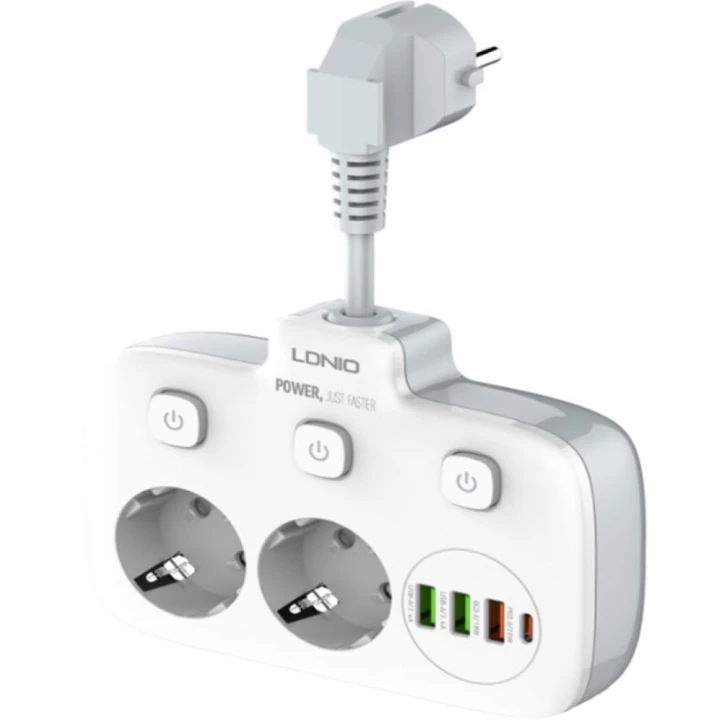 Подовжувач мережі LDNIO SE2435 2 EU ports /1 PD/1 QC/2 auto ID, White