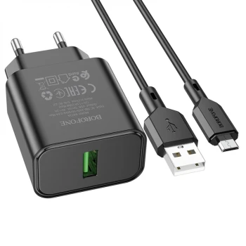 Сетевое Зарядное Устройство Borofone BA72A Spring USB QC3.0 cable USB-MicroUSB, Black
