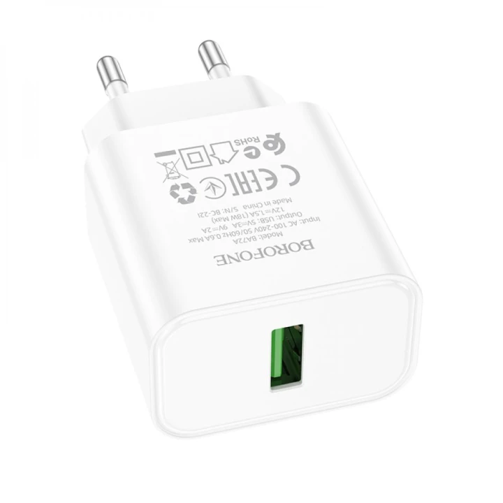 Мережевий Зарядний Пристрій Borofone BA72A Spring USB QC3.0 18W без кабелю, White