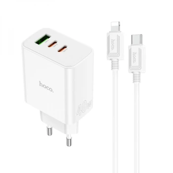 Сетевое Зарядное Устройство Hoco C126A Pure USB QC 3.0 / Type-C PD 40W cable Type C to Lightning, White