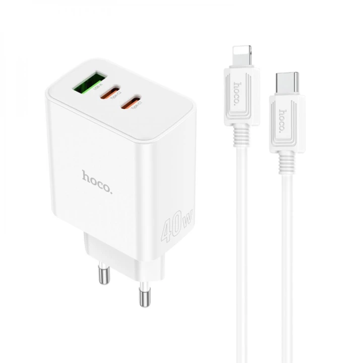 Мережевий Зарядний Пристрій Hoco C126A Pure USB QC 3.0 / Type-C PD 40W cable Type C to Lightning, White