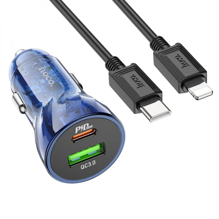 Автомобильное зарядное устройство Hoco Z47A Transparent PD30W+QC3.0 Type-C to Lightning, Transparent blue