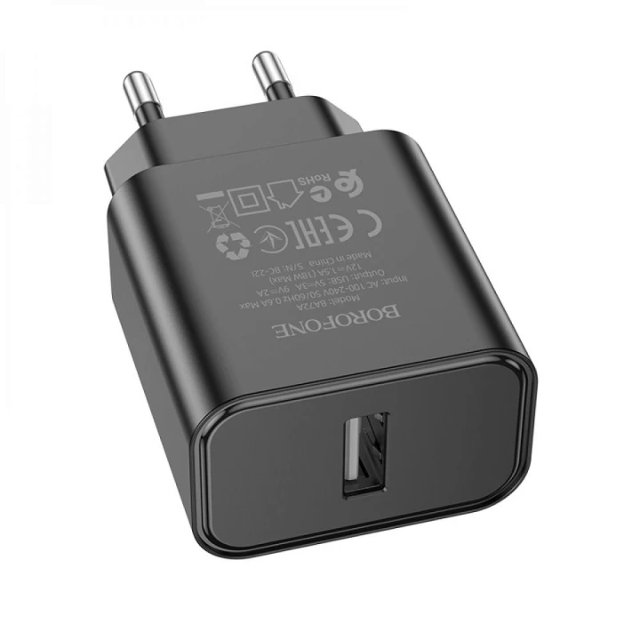 Сетевое Зарядное Устройство Borofone BA72A Spring USB QC3.0 18W без кабеля, Black