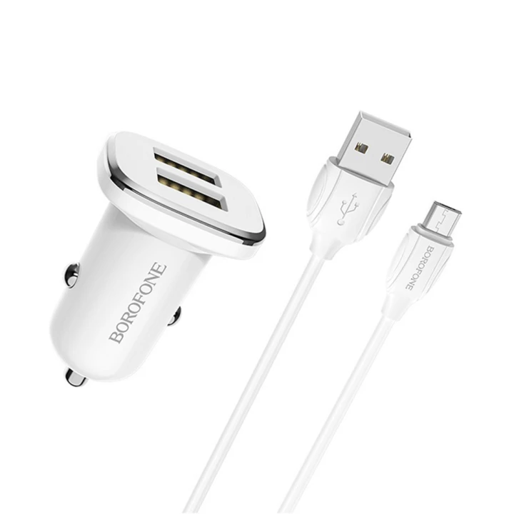 Автомобільний зарядний пристрій Borofone BZ12 2USB 2.4A кабель microUSB 2.4A, White