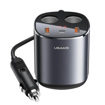 Автомобільний зарядний пристрій USAMS US-CC151 2USB/1Type-C/2 прикуривателя 3A 245W LED дисплей, Black