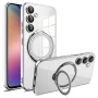Силіконовий чохол накладка Clear Case для Samsung Galaxy S24 Plus з металевим кільцем тримачем та захистом для камери рожевий