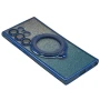Силиконовый чехол накладка Glitter Case для Samsung Galaxy S24 Ultra с металлическим кольцом держателем и защитой для камеры голубой