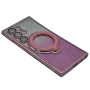 Силиконовый чехол накладка Glitter Case для Samsung Galaxy S24 Ultra с металлическим кольцом держателем и защитой для камеры голубой
