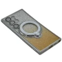 Силиконовый чехол накладка Glitter Case для Samsung Galaxy S24 Ultra с металлическим кольцом держателем и защитой для камеры голубой