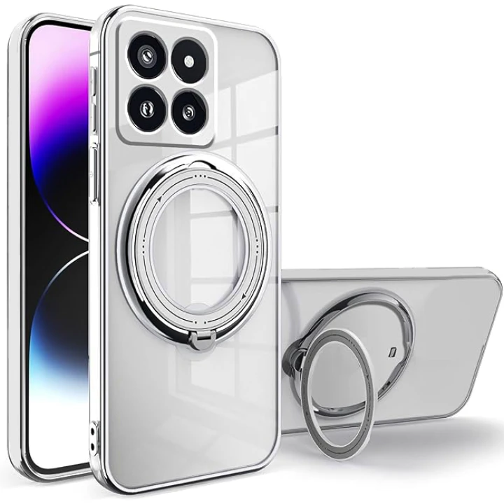 Силиконовый чехол накладка Clear Case для Xiaomi 14 Pro с металлическим кольцом держателем и защитой для камеры
