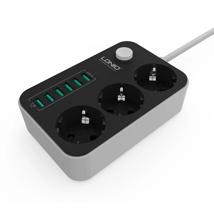 Сетевой удлинитель LDNIO SE3631 НА 3 розетки, 6 USB 1,6м Black-Gray
