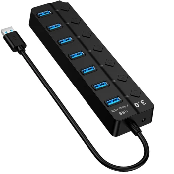 USB Hub HW-1510 7-в-1 з кнопками керування та підтримкою DC 5V, Black