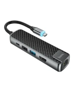 USB Hub адаптер Hoco HB23 Type-C HDTV / USB3.0 / USB2.0 / RJ45 Ethernet / Type-C PD60W, Gray