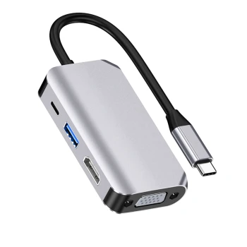 Перехідник адаптер 4in1 Type-C to HDTV / VGA / Type-C PD 60W / USB 3.0, Grey