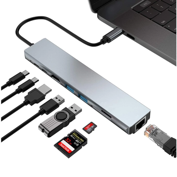 USB HUB адаптер Type-C to HDMI 4K / SD / TF / 2USB3.0 / 2Type-C 87W / RJ45, Grey