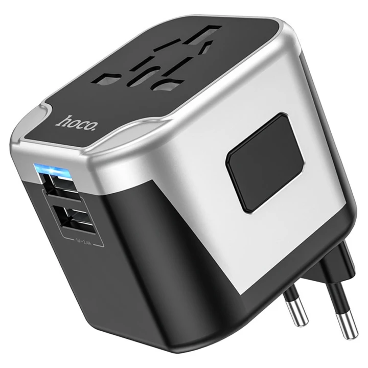 Мережевий зарядний пристрій Hoco AC5 2USB 1Socket зі змінними вилками стандартів EU / UK / US / AUS, Black
