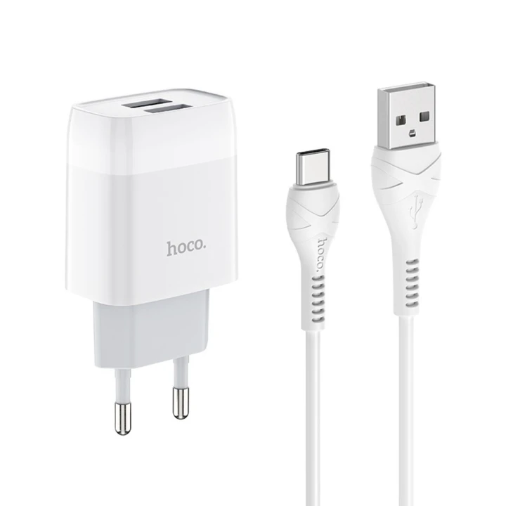 Сетевое зарядное устройство Hoco C73A 2 Usb 2.4A Type-C 1m, White