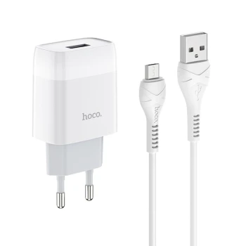 Мережевий зарядний пристрій Hoco C72A USB 2.1A microUSB 1m, White