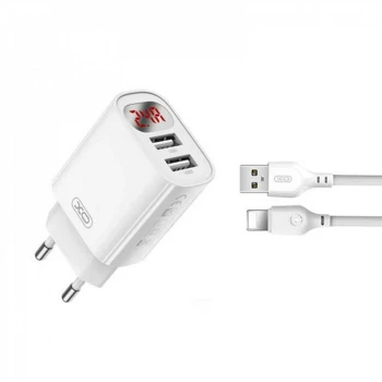 Мережевий зарядний пристрій XO L-95 2USB 2.4A з LCD дисплеєм та кабелем USB - Lightning, White